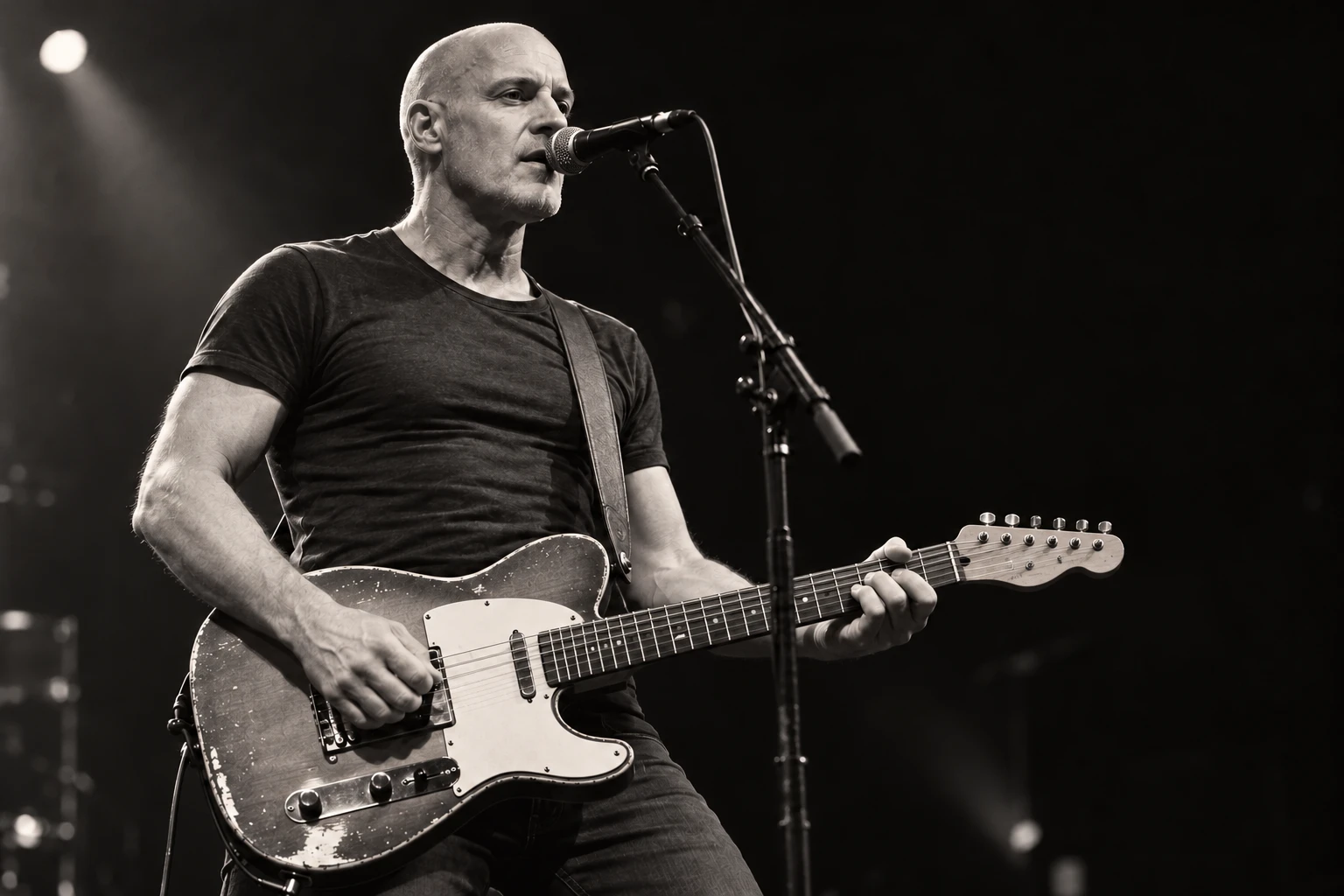 Jens Scheuter mit Telecaster – Schwarz-Weiß-Bühnenfoto